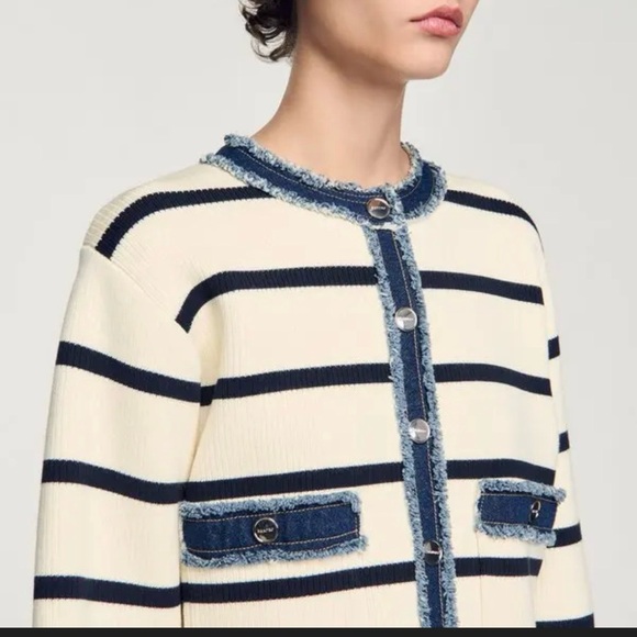 Sandro Cream Jacket with Black Stripes and Denim Trim - Picture 2 of 10